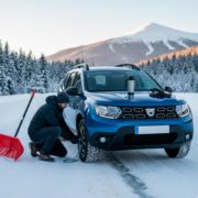 Hombre colocando cadenas de nieve en un Dacia Duster azul en una carretera de montaña nevada, con una pala roja y un termo al lado.