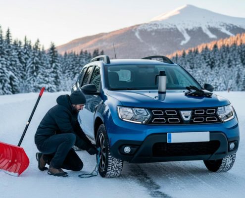 Hombre colocando cadenas de nieve en un Dacia Duster azul en una carretera de montaña nevada, con una pala roja y un termo al lado.