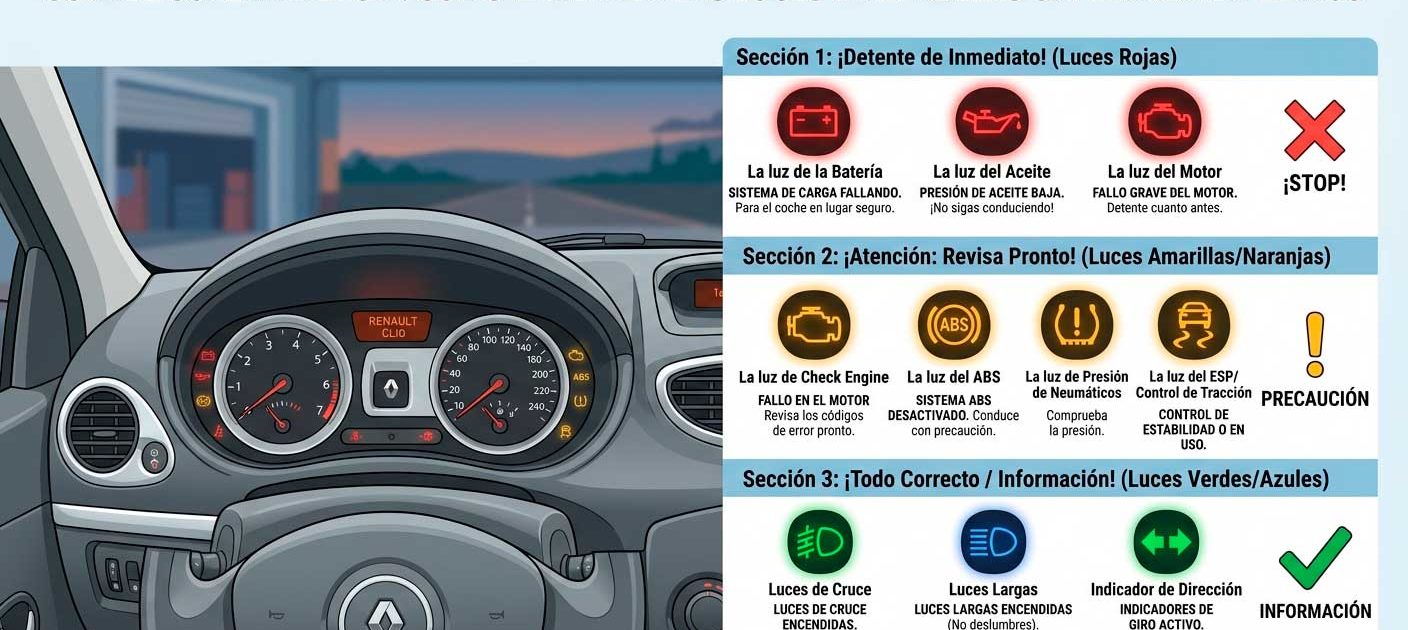 Infografía sobre luces del tablero de un Renault Clio para blog de automoción. A la izquierda, primer plano del interior del coche con el cuadro de instrumentos; a la derecha, una guía comparativa dividida por colores: Rojo (Detenerse), Amarillo (Revisar pronto) y Verde/Azul (Información), con iconos explicativos de batería, aceite, motor y presión de neumáticos.