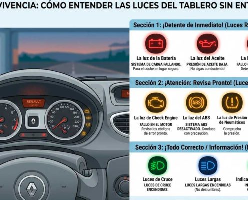 Infografía sobre luces del tablero de un Renault Clio para blog de automoción. A la izquierda, primer plano del interior del coche con el cuadro de instrumentos; a la derecha, una guía comparativa dividida por colores: Rojo (Detenerse), Amarillo (Revisar pronto) y Verde/Azul (Información), con iconos explicativos de batería, aceite, motor y presión de neumáticos.
