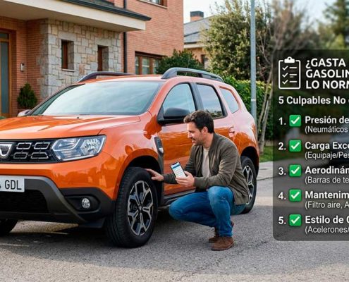 Un hombre revisa la presión del neumático de un Dacia Duster naranja estacionado en la calle. A la derecha, una infografía superpuesta muestra un checklist con el título '¿GASTA MÁS GASOLINA DE LO NORMAL? 5 Culpables No del Motor', enumerando factores como la presión de neumáticos, carga excesiva, aerodinámica, mantenimiento y estilo de conducción.