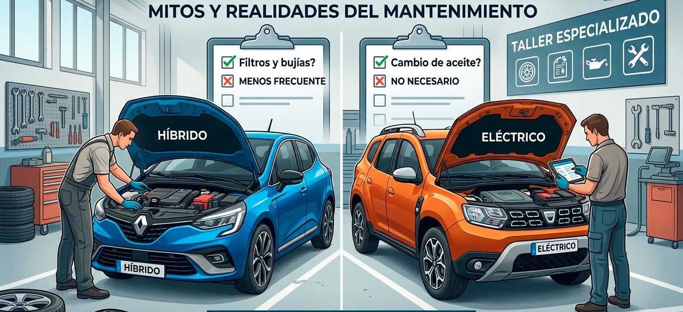 Comparativa visual del mantenimiento entre un vehículo híbrido Renault Clio azul y un vehículo eléctrico Dacia Duster naranja en un taller mecánico.