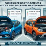 Comparativa visual del mantenimiento entre un vehículo híbrido Renault Clio azul y un vehículo eléctrico Dacia Duster naranja en un taller mecánico.