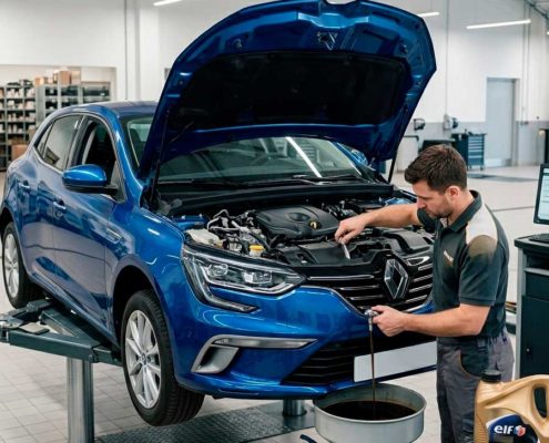 Mecánico profesional realizando un cambio de aceite y filtros en un Renault Megane azul dentro de un taller mecánico limpio