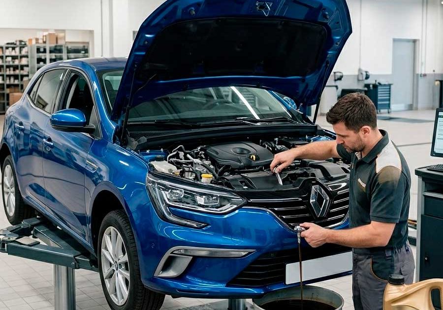 Mecánico profesional realizando un cambio de aceite y filtros en un Renault Megane azul dentro de un taller mecánico limpio