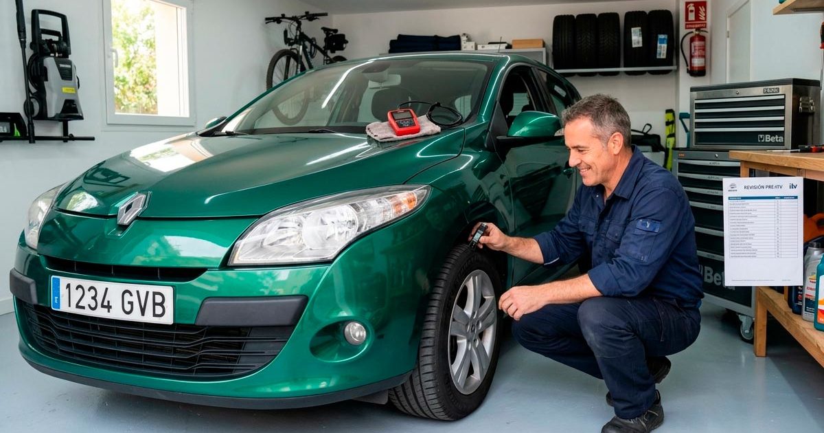 Hombre realizando una revisión pre-ITV casera a un coche Renault Megane verde en el garaje de su casa