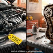 Comparativa visual entre un motor con correa de distribución de goma (izquierda) y un motor con cadena de distribución metálica (derecha) en un taller mecánico