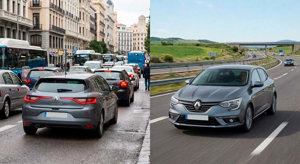 Coche Renault Megane en ciudad y autovía mostrando el contraste del desgaste coche ciudad vs autovía.