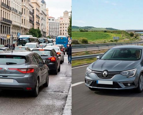 Coche Renault Megane en ciudad y autovía mostrando el contraste del desgaste coche ciudad vs autovía.