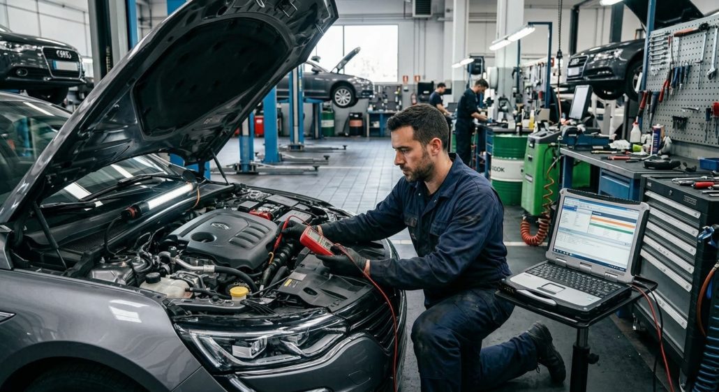 Especialista comprobando con un multímetro las averías eléctricas en coches modernos Renault dentro de un taller mecánico profesional.