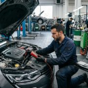 Especialista comprobando con un multímetro las averías eléctricas en coches modernos Renault dentro de un taller mecánico profesional.