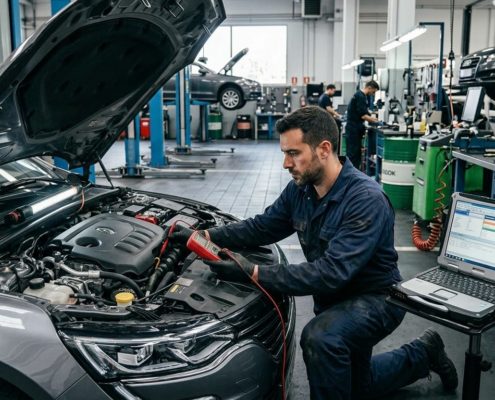 Especialista comprobando con un multímetro las averías eléctricas en coches modernos Renault dentro de un taller mecánico profesional.